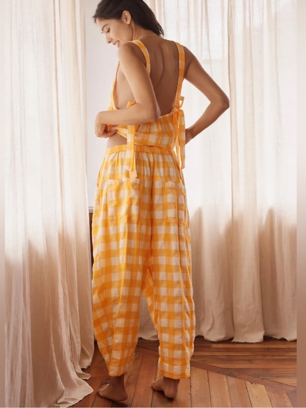 Anthropologie LyreBird Orange Gingham Elastic-Waist Barrel 
Lounge Pants